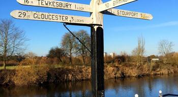 The canal signpost at the start of the Worcester and Birmingham Canal on the River Severn. Only 58 locks uphill to Birmingham!