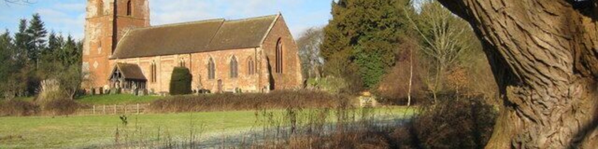 Martley Church St Peter's church, Martley, framed by a willow tree on Millennium Green.
