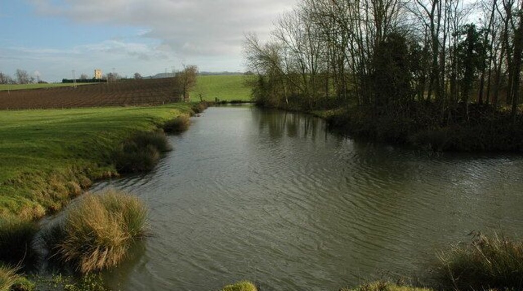 Moat at Lower Strensham A moat has survived at Lower Strensham on the site of the former Strensham Castle. Here the northern side of the moat is viewed with the tower of Strensham on the top of rising ground in the background. A licence was granted to built a castle or fortified moated manor house in 1388. The building was probably destroyed in the 17th Century after the Civil War as it was a Royalist stronghold. It is likely that much of the stone was used for the building of the nearby Moat Farm farmhouse. The site is on private land, except for where a footpath passes beside the moat pictured here.