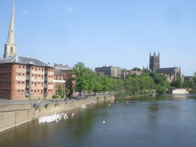 A river with swans, a church spire, and a cathedral in the background.