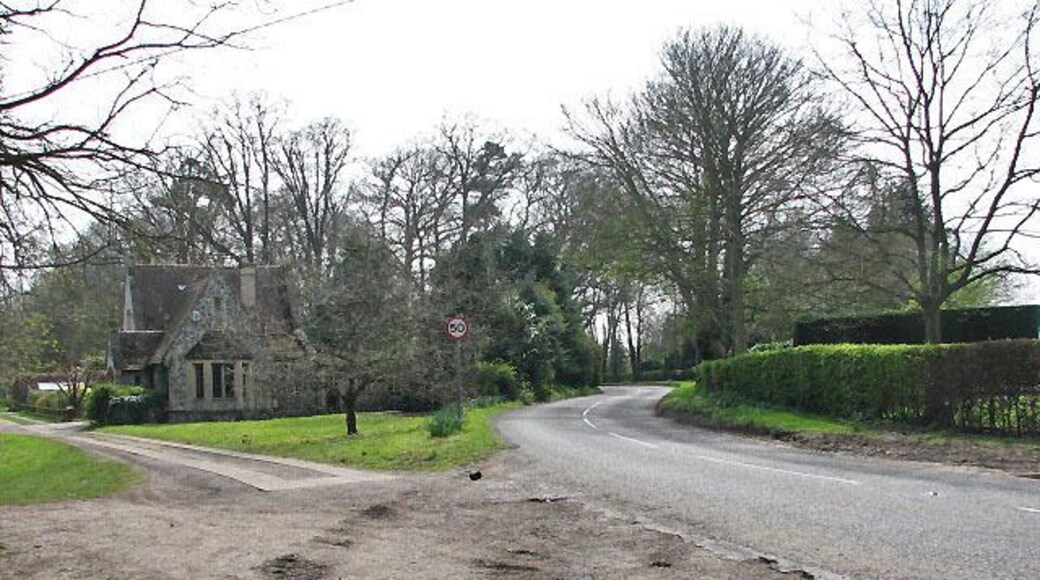 South on Wymondham Road (B1135) Past the private road to Kimberley Hall (seen at left); the gatehouse seen at left is School Lodge.