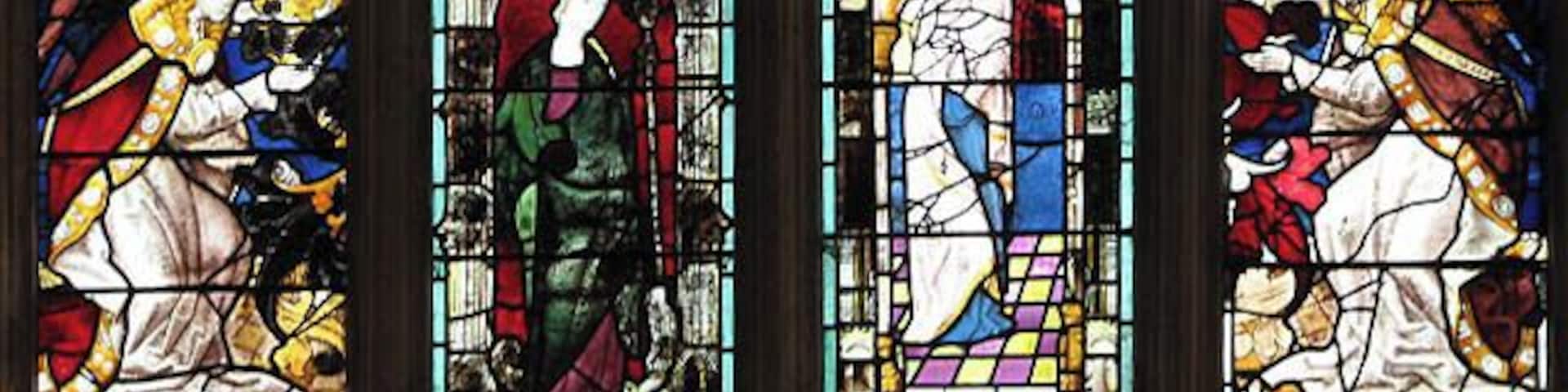 St Peter's church - east window detail. The church was extensively restored in the 1870s > 773236; its perhaps most noteworthy features are the stained glass windows, memorials to the Wodehouses of Kimberley Hall. The east window contains fragments of English and continental glass dating from the 14th and 15th centuries - see > 773246 for full view. A 1950s window in the north nave wall depicts episodes from the life of St Francis > 773251. The church is kept locked; a key is available. For more information see: http://www.norfolkchurches.co.uk/kimberley/kimberley.htm