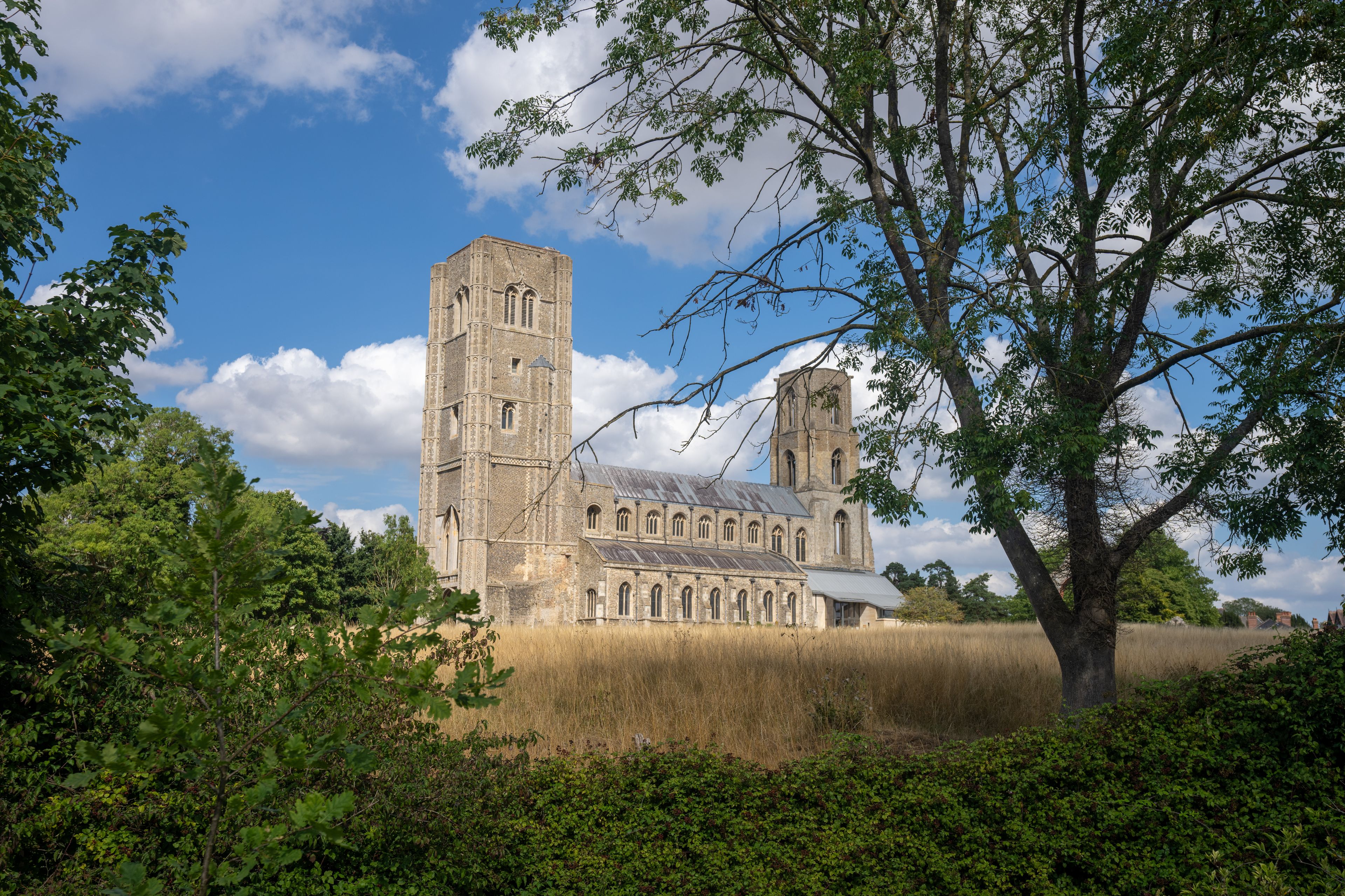 A historic church with a tall tower and arched windows, surrounded by trees and a field.