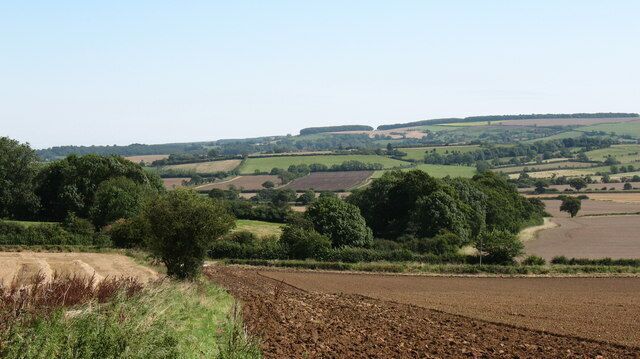 Rolling hills, fields, and scattered trees.