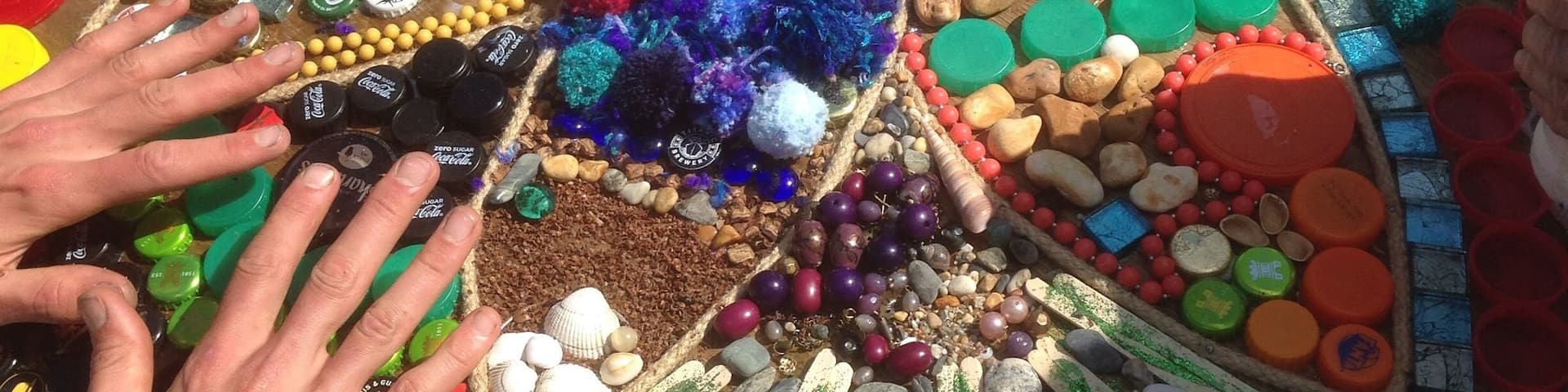 Beautiful Mandala made from plastic lids, shells , corks , stones , cones , beads and more !