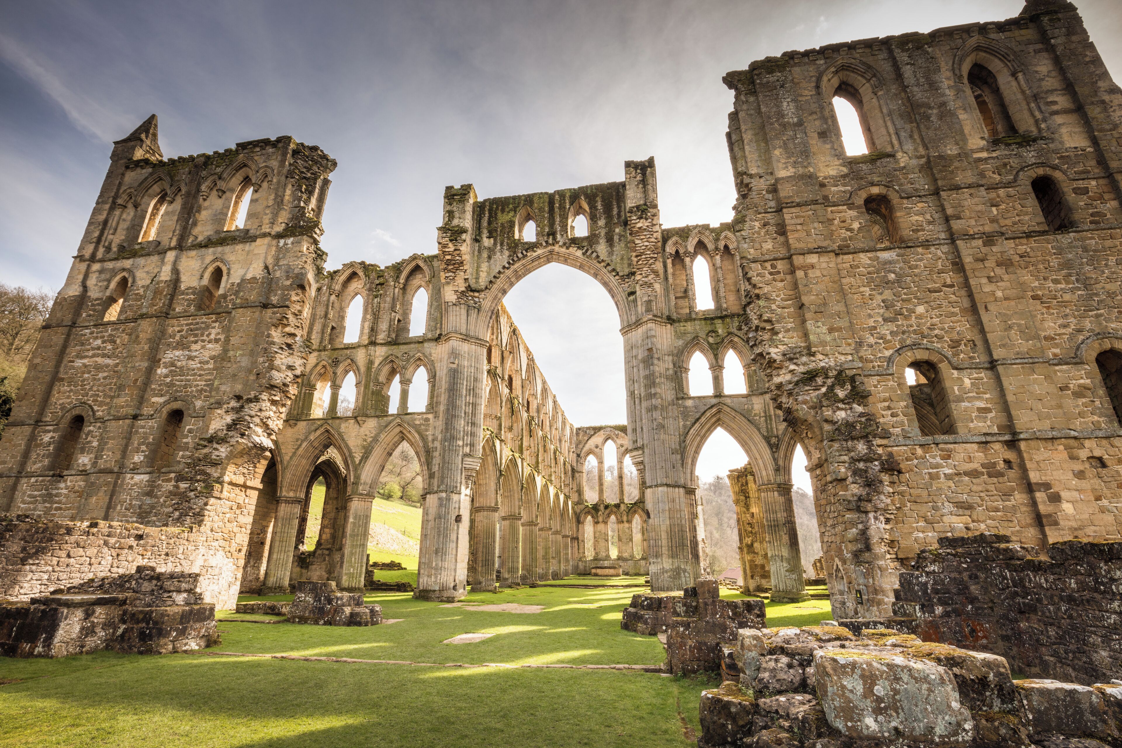 Here is a photograph taken from the nave inside the ruins of Rievaulx Abbey. Located in Rievualx, Yorkshire, England, UK.