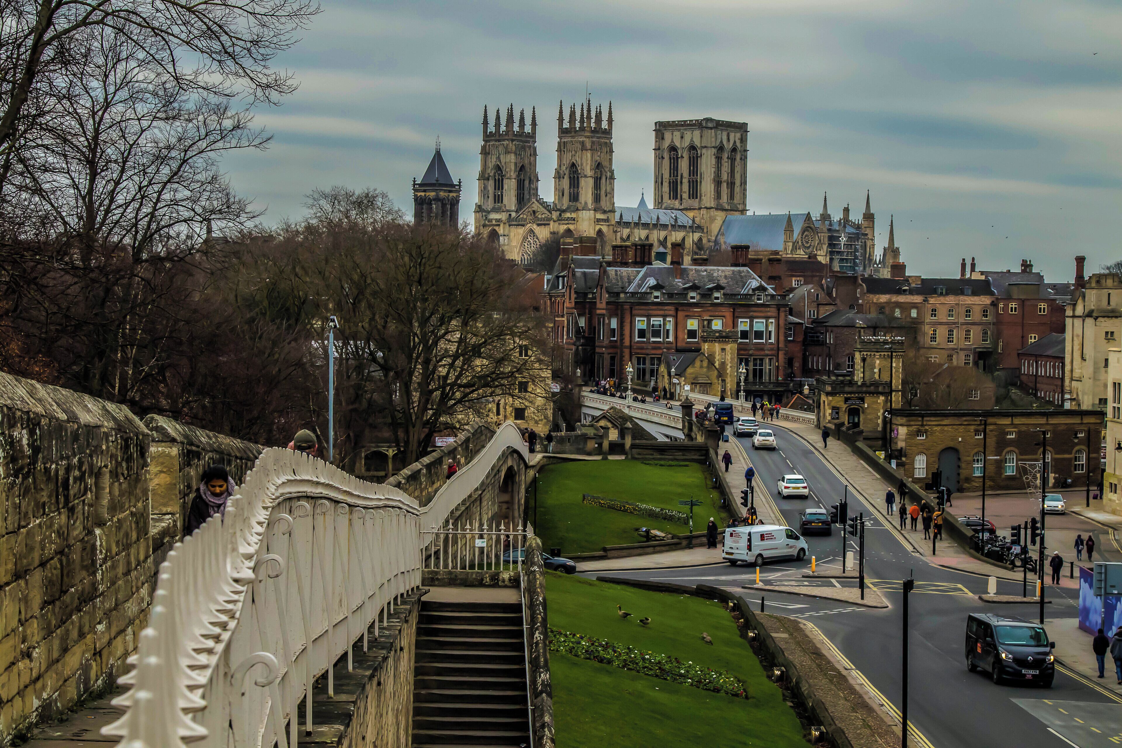 A view from York walking around the protective wall which runs around the City of York. At this point you are look at York Minster the three large towers 