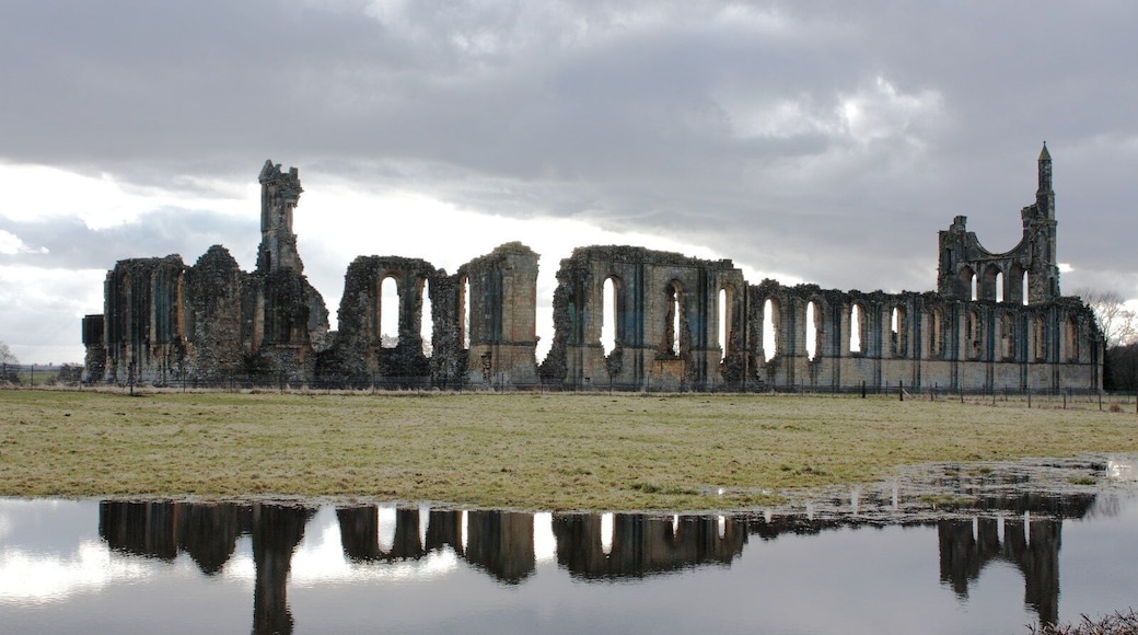 Reflection of history Byland Abbey in North Yorkshire reflected in the flood water of the adjoining field.