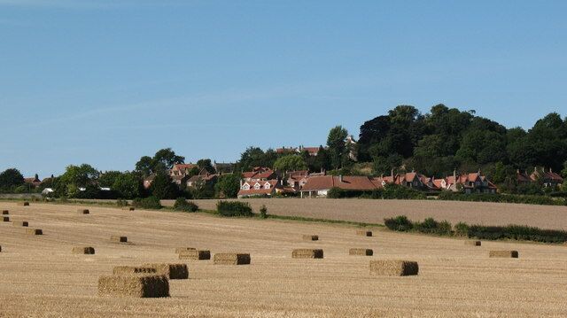 Arable fields at Crayke The harvest is in - maybe time for a refreshing pint at the Durham Ox in the village.