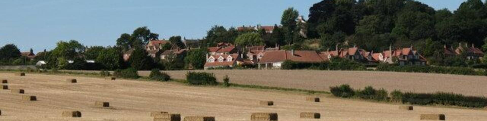 Arable fields at Crayke The harvest is in - maybe time for a refreshing pint at the Durham Ox in the village.