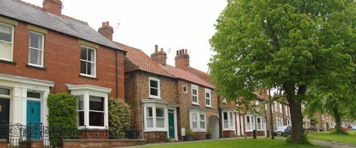 A row of brick houses with green lawns and a large tree in the foreground.