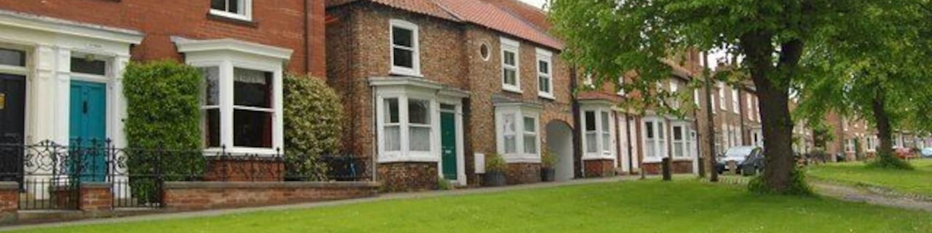 A row of brick houses with green lawns and a large tree in the foreground.
