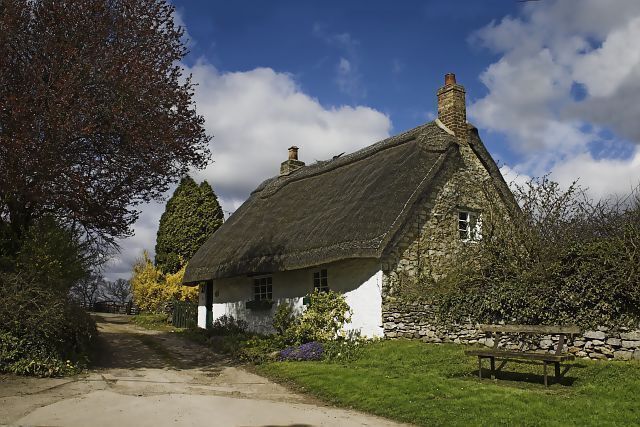A thatched-roof cottage with a stone wall and a bench in a rural setting.