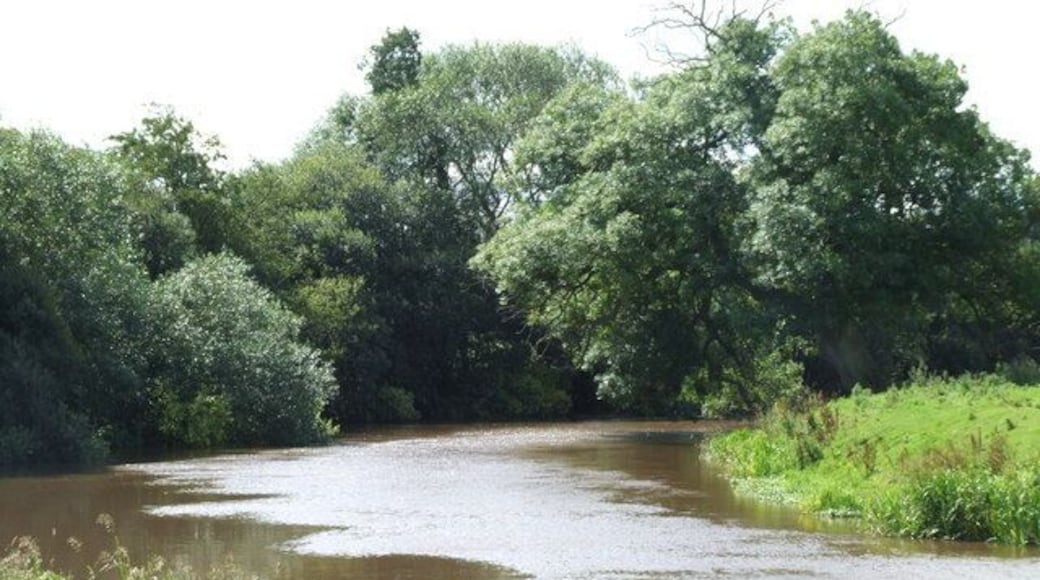 The River Derwent forming the boundary between North Yorkshire and the East Riding of Yorkshire, England. South Of Kexby, North Yorkshire. River Derwent running south below Kexby West North West of Newton upon Derwent, East Riding of Yorkshire.
