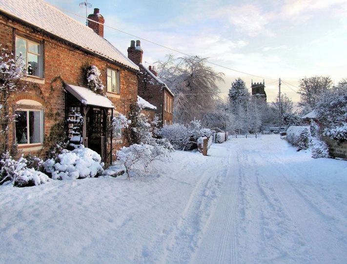 Wilberfoss in the snow. Middle Street Wilberfoss with the church over the Beck in the distance. See 399308
