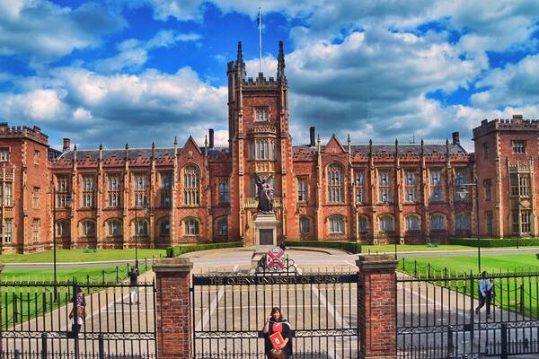 The Queens University of Belfast with its Gothic architecture and a central tower.