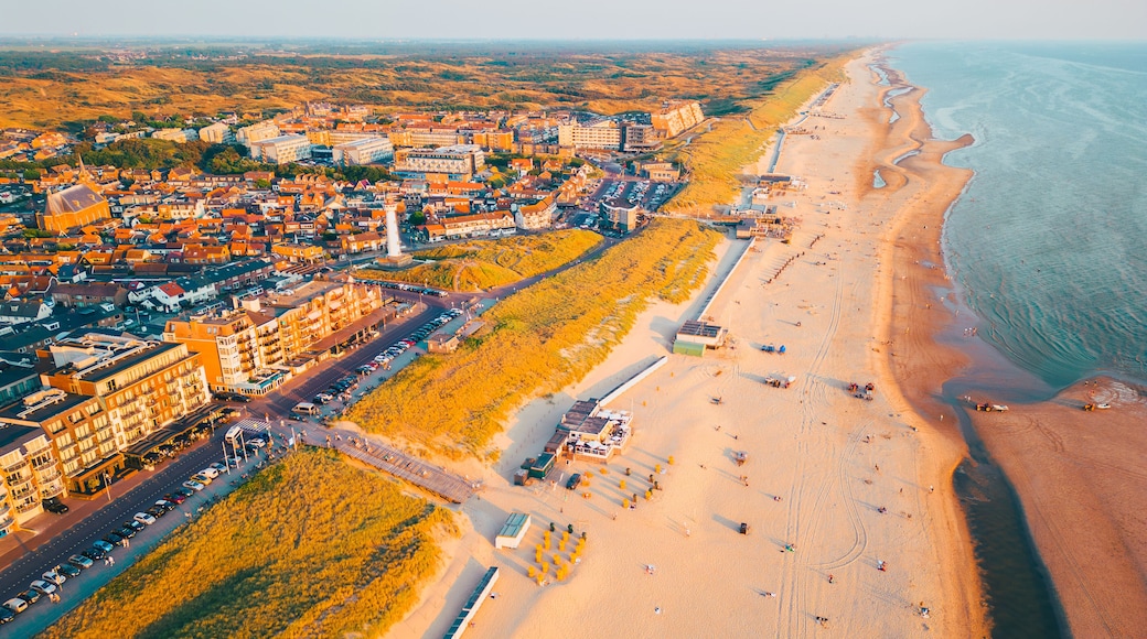 High angle Drone Point of View on Coastal Village of Egmond aan Zee, North-Holland, The Netherlands on spring day around sunset