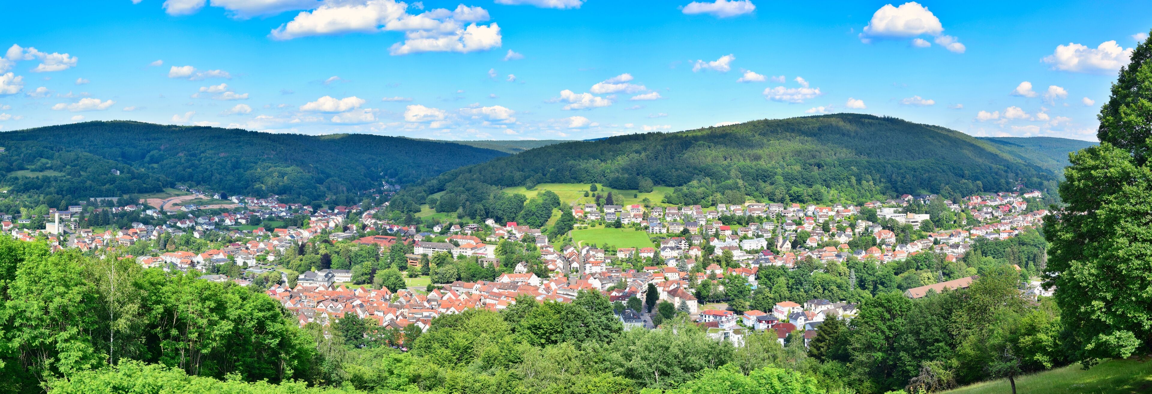 A town nestled in a valley surrounded by forested hills.