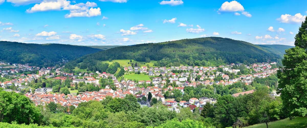 A town nestled in a valley surrounded by forested hills.