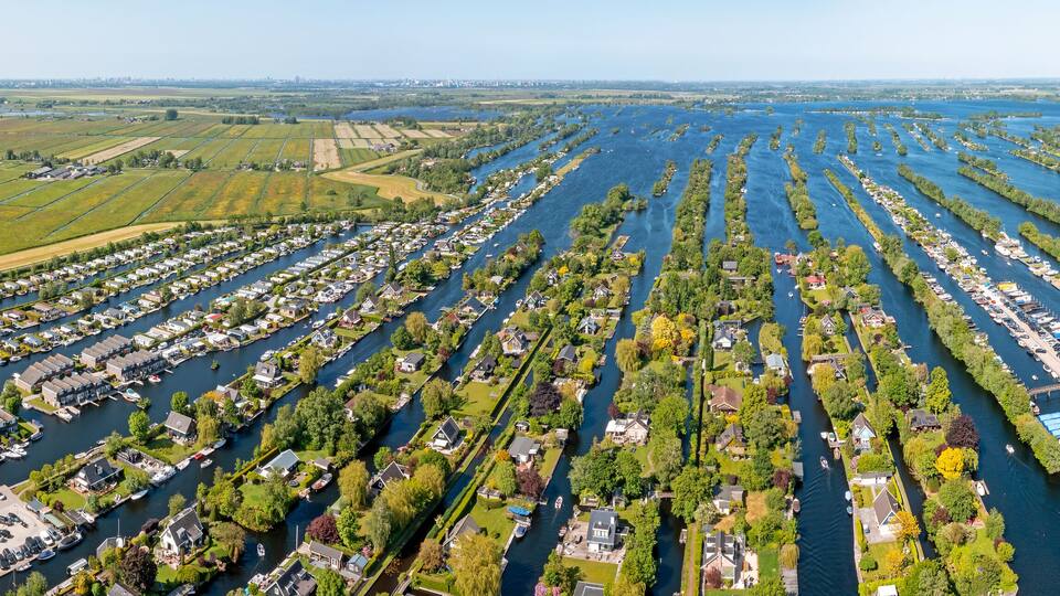 Aerial panorama from the town Vinkeveen in the wetlands in the Netherlands