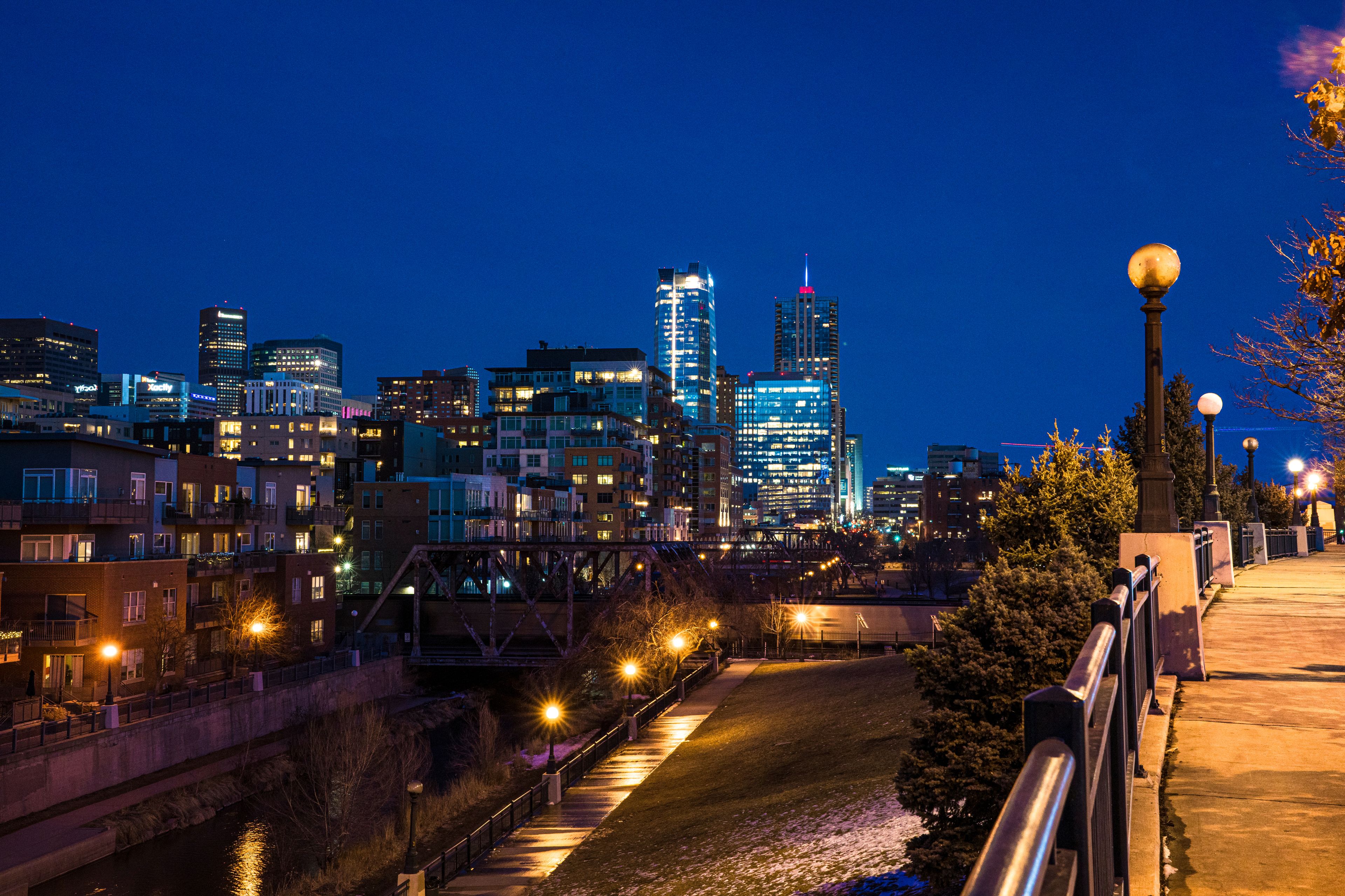 Confluence Park Riverwalk at Night with Downtown Denver Skyline, Colorado