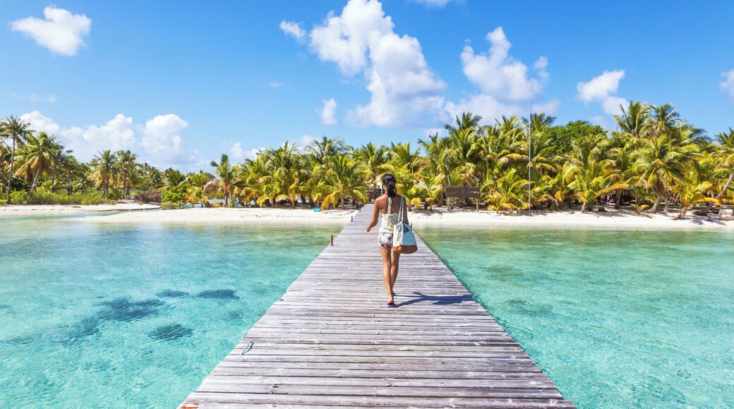 Tourist walking on jetty, Tikehau atoll, Tuamotu Archipelago, French Polynesia, Oceania