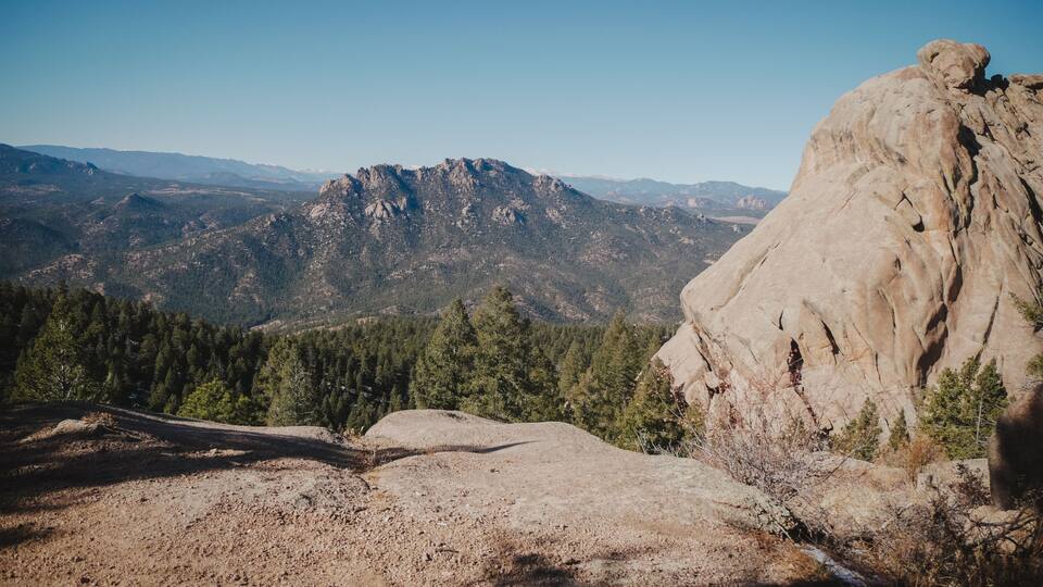 View of rocky jagged mountains in Pike National Forest near Sedalia Colorado