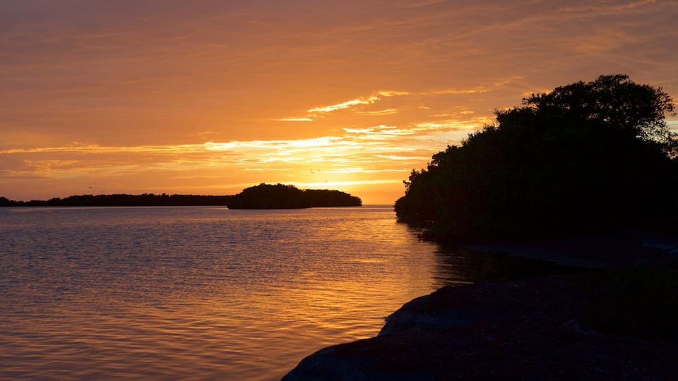 A sunset over a calm body of water with a silhouette of a tree-covered island in the distance.