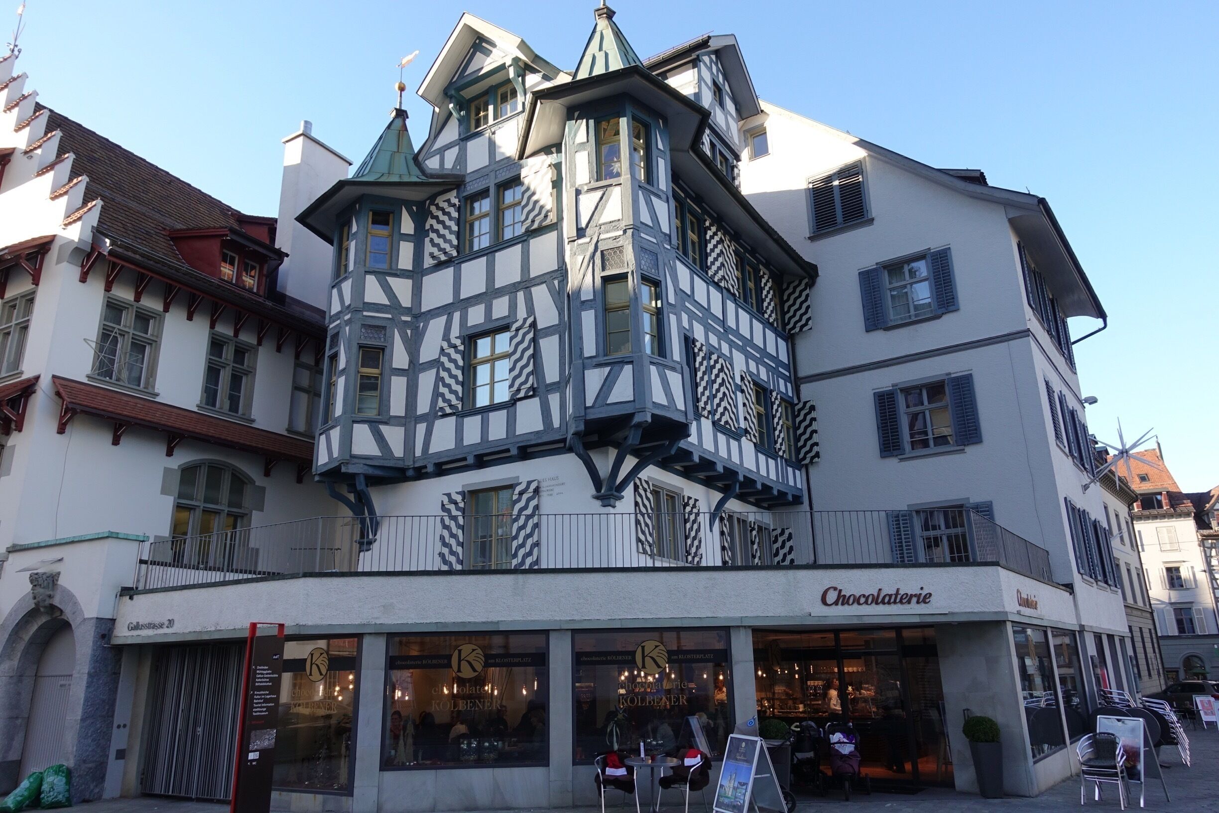 In the old part of St.Gallen ,there are many beautiful old structures called Riegelhaeuser ,sort of Tudor style houses ! 
This is just one example.#StunningStructures #St.Gallen #Switzerland #Riegelhaus #Klosterhof 