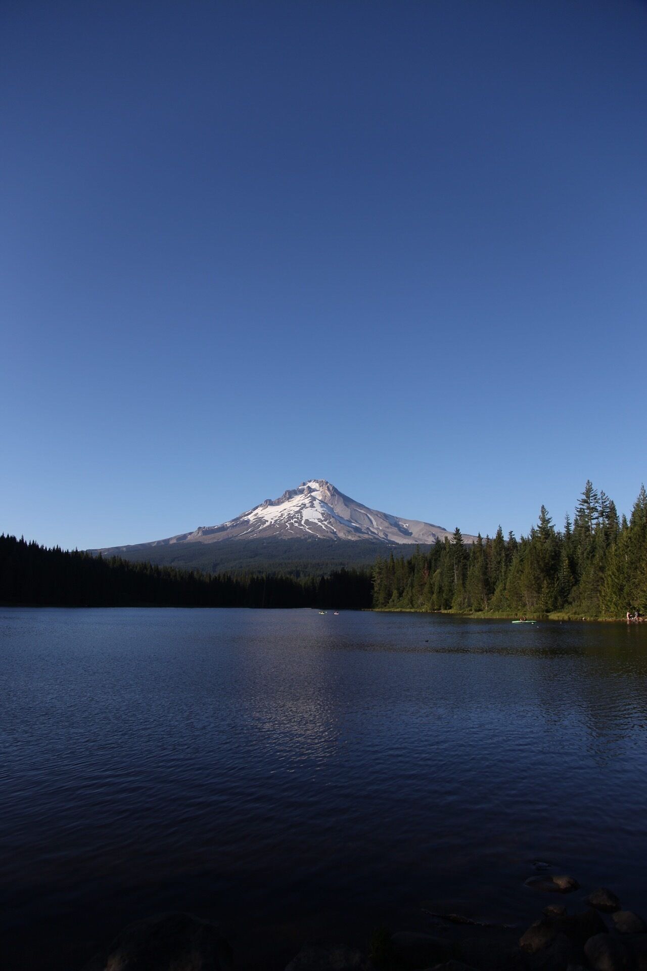 A mountain with a snow-capped peak, a calm lake, and a forested shoreline.