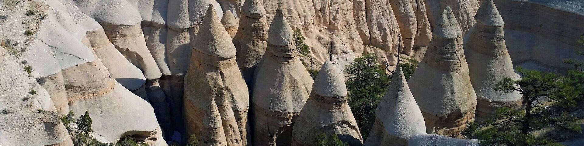 A landscape with prominent hoodoos and a distant mountain range.