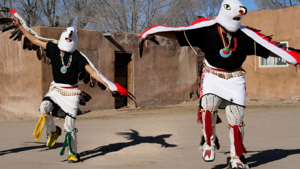 USA, New Mexico, Ohkay Owingeh Pueblo. Traditional, ceremonial eagle dances.