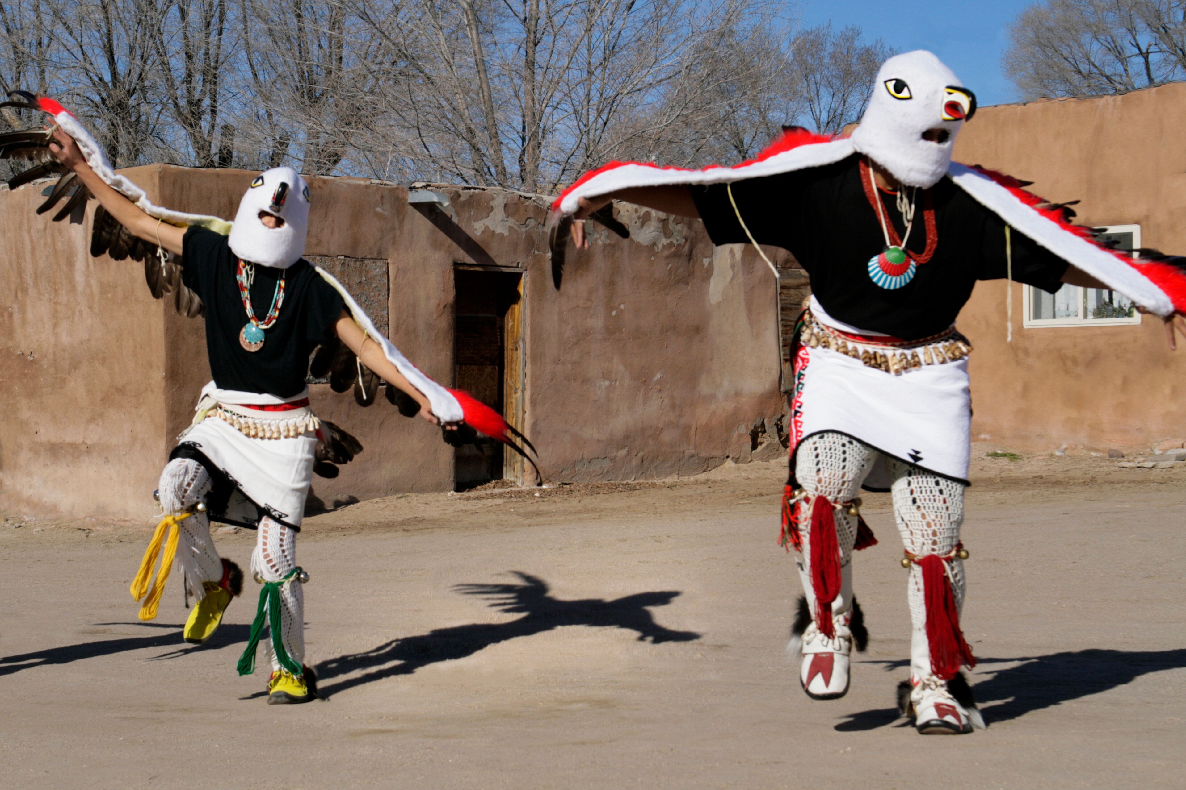 Two performers in traditional dance costumes with wings, performing in an outdoor setting with a building in the background.