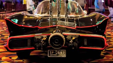 Shown here is the rear of the original Batmobile, which was a modified 1955 Lincoln Futura. The Batmobile was completed in 1965 and made its first debut on TV on January 1966 - it overheated, the battery went dead, and the expensive Mickey Thompson tires kept blowing. It was sold in an auction in 2013 for $4.2 million.