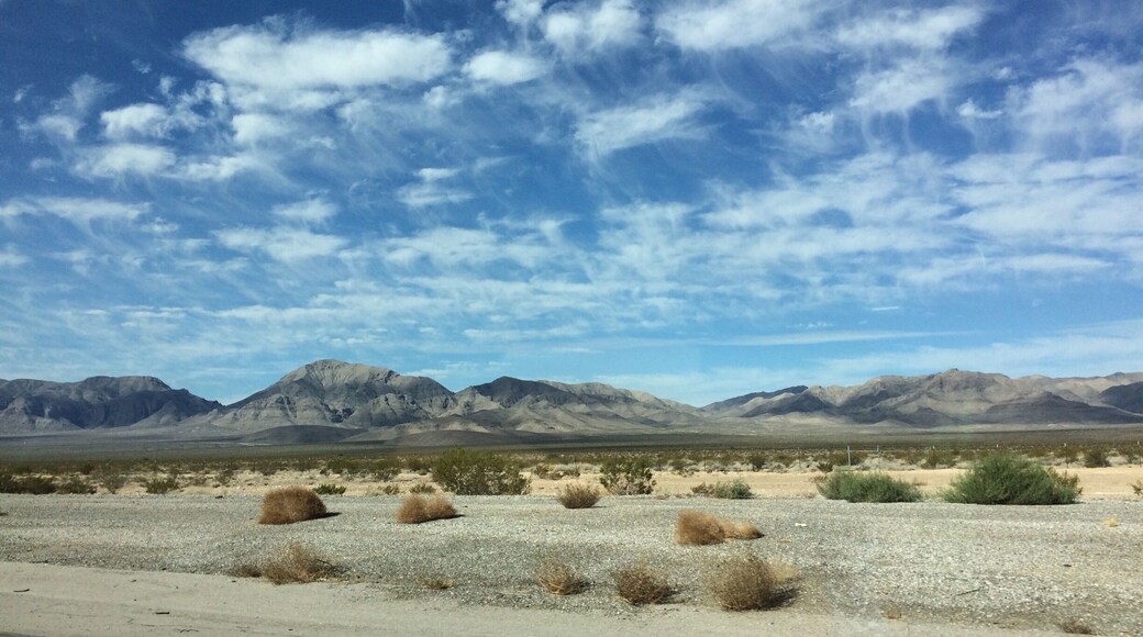 View of the desert and the Spring Mountain range from Interstate 15 south of Las Vegas on the drive to Los Angeles.