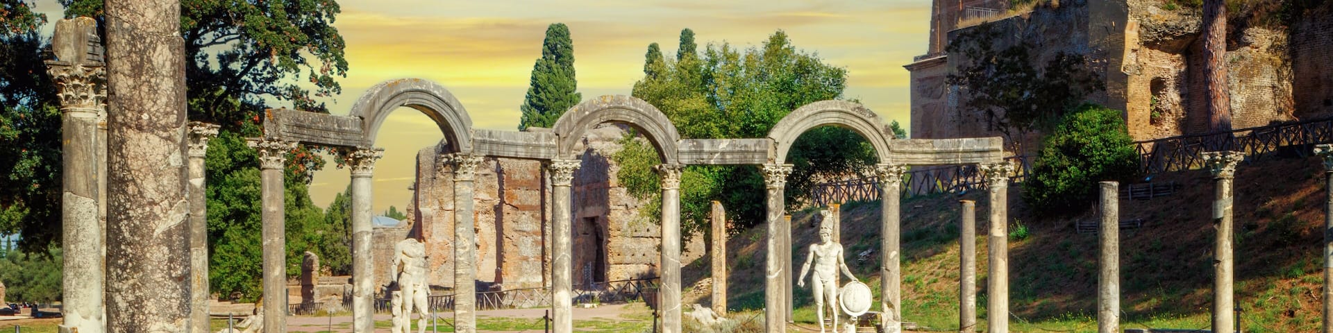 The ancient pool called Canopus, surrounded by Greek sculptures in Hadrian's Villa (Hadrian's Villa), Tivoli, Italy