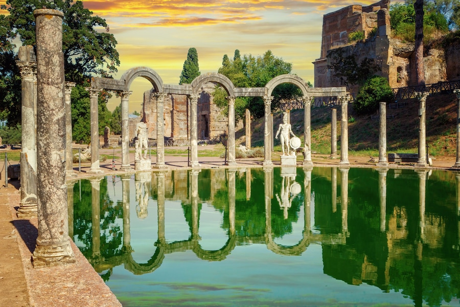 The ancient pool called Canopus, surrounded by Greek sculptures in Hadrian's Villa (Hadrian's Villa), Tivoli, Italy