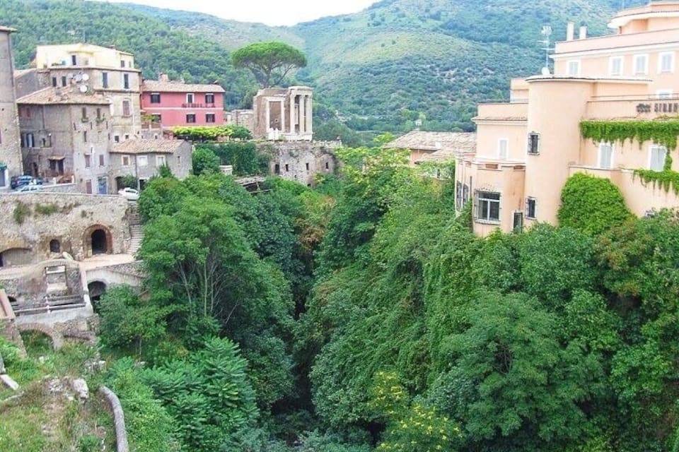 A hillside village with terraced buildings, lush greenery, and a stream.