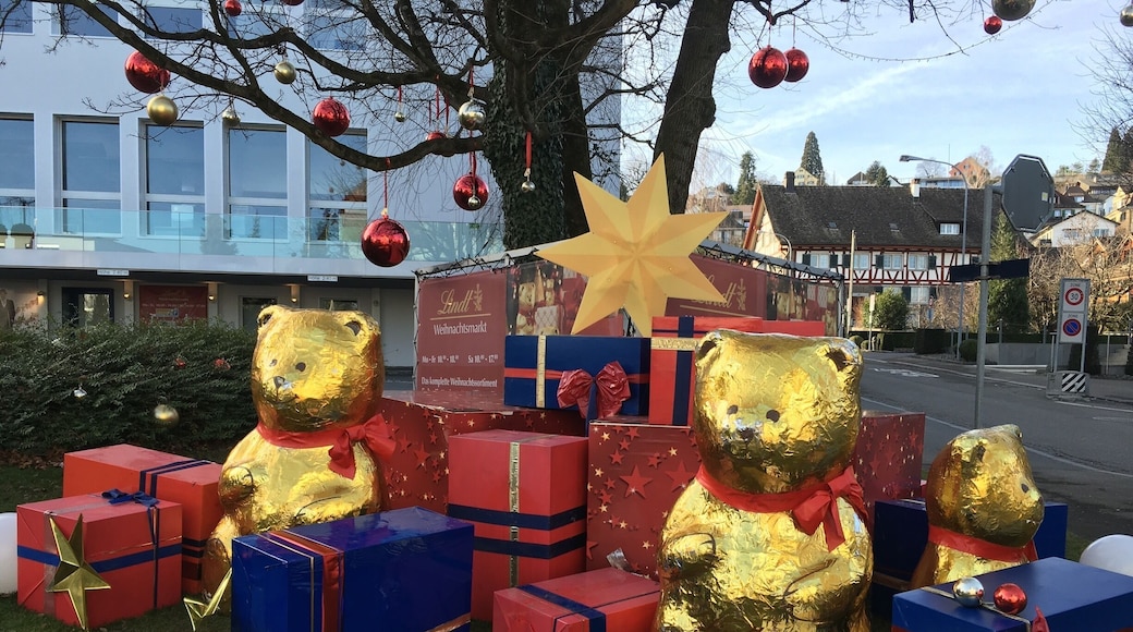 Bells and whistles, and Christmas embellishments outside Lindt Chocolate factory in Zurich, Switzerland!