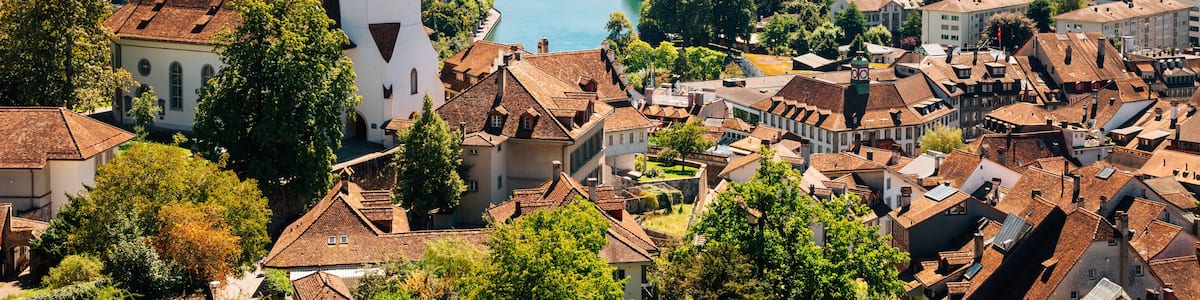 Thun cityscape with Alps mountain and lake in Switzerland