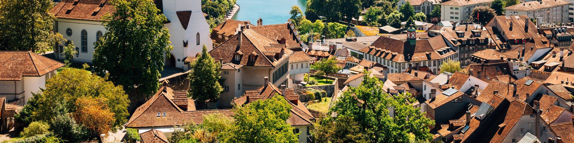 Thun cityscape with Alps mountain and lake in Switzerland