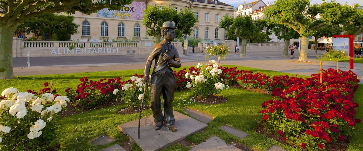 Vevey toont een tuin, een standbeeld of beeldhouwwerk en bloemen