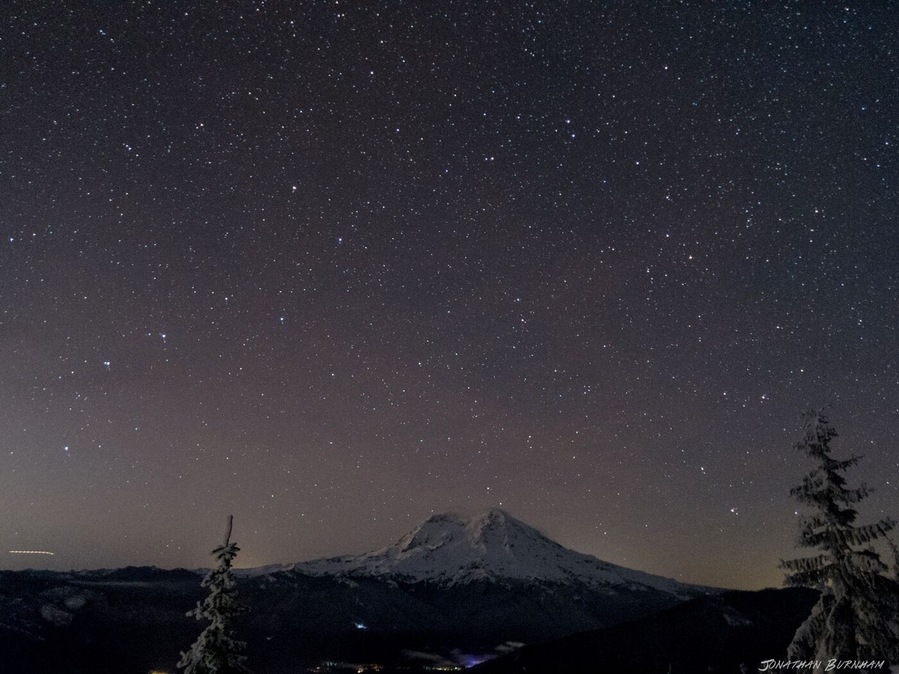 Mt. Rainier from the Mount Tahoma High Hut. Photo was taken around midnight in a cozy 10 degrees with perfectly clear skies. 
The Mount Tahoma High Hut is a solar powered cabin perched up at 4,760ft and is only accessible by hiking in.
This was the perfect way to spend our New Years Eve weekend! #WinterWonders
#Rainier #Washington #PNW #winter #stars #starlight #nightime #backcountry #skiing #snowboarding #mountains #landscapes #mountainporn #travel #adventuretravel #snow