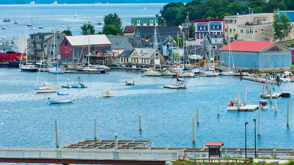 Coastal city of Belfast and historic seaport, Atlantic coast of Maine, New England. USA