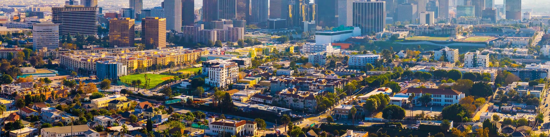 Los Angeles skyscrapers aerial panorama at sunset