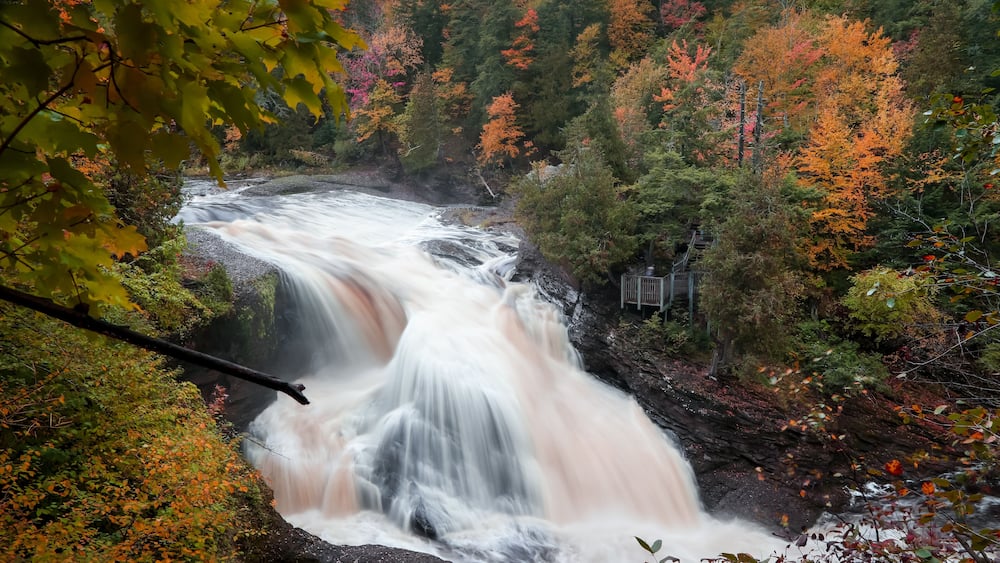Scenic Rainbow water falls in Black river national forest in Michigan upper peninsula