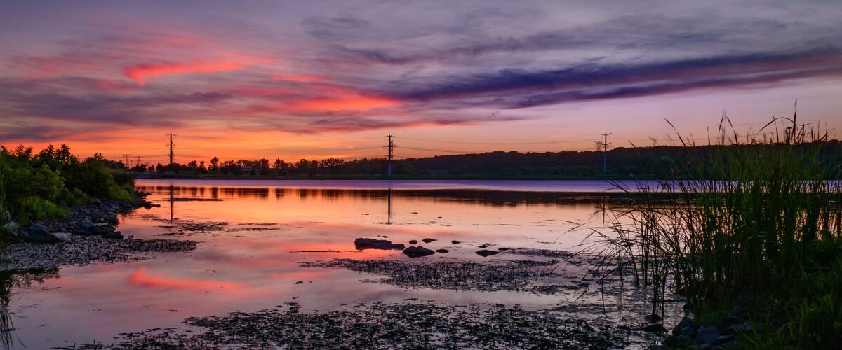 A sunset over a calm lake with reflections, surrounded by vegetation and power lines.