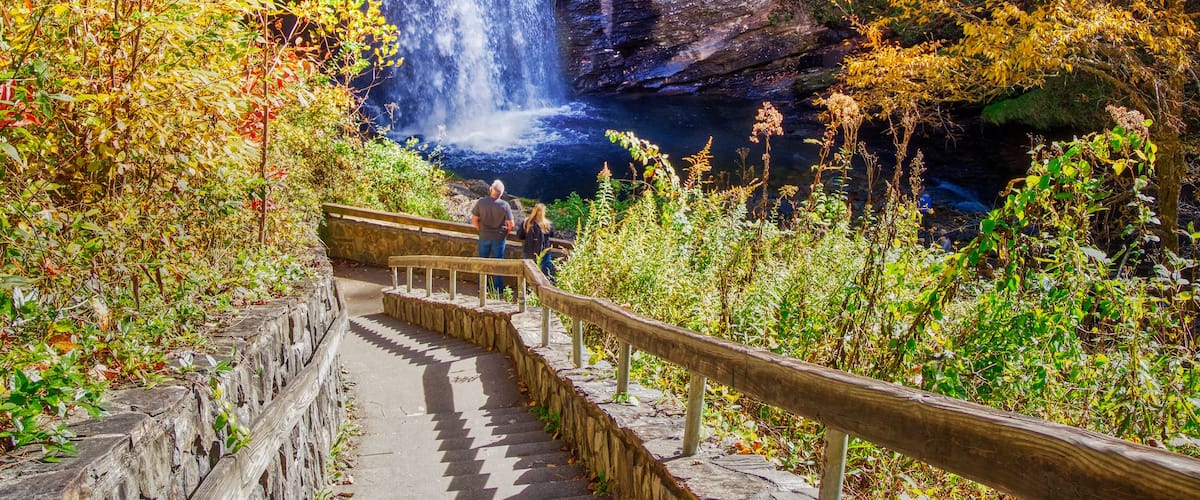 A waterfall cascading down a rocky cliff surrounded by autumn foliage.