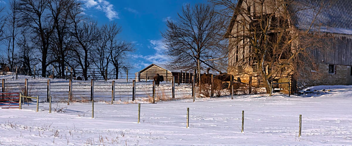 A snow-covered landscape with a wooden barn, leafless trees, and a clear blue sky.