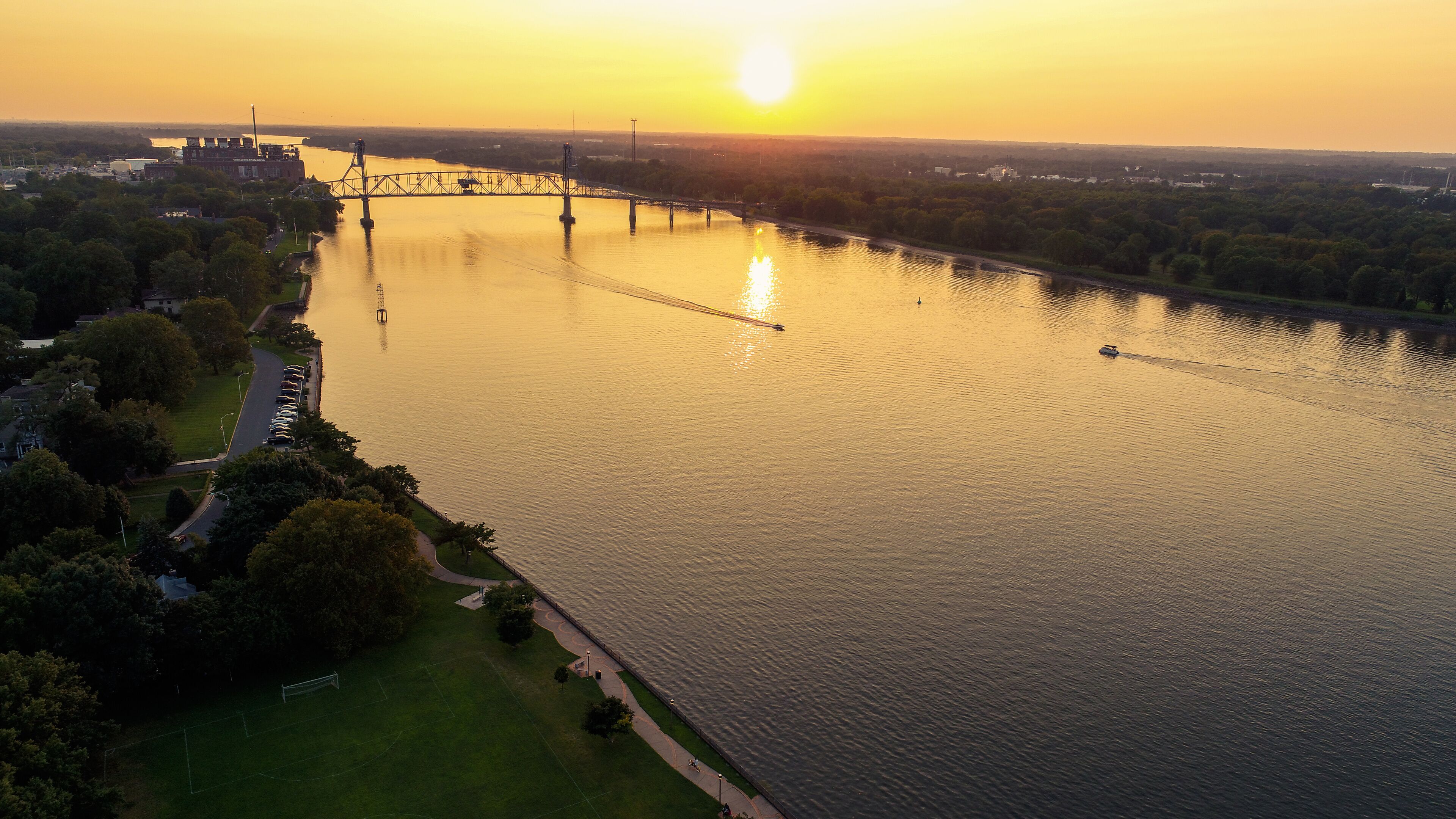 Burlington New Jersey Riverfront Park and Burlington Bristol Bridge at Sunset Aerial